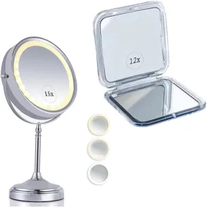12X/1X Square Double Sided Magnifying Mini Compact Makeup Mirror for Travel - Portable, Handheld & 15X & 1X Magnifying Makeup Mirror with 3 Lighting Modes, Rechargeable Battery with USB Cable Bundle