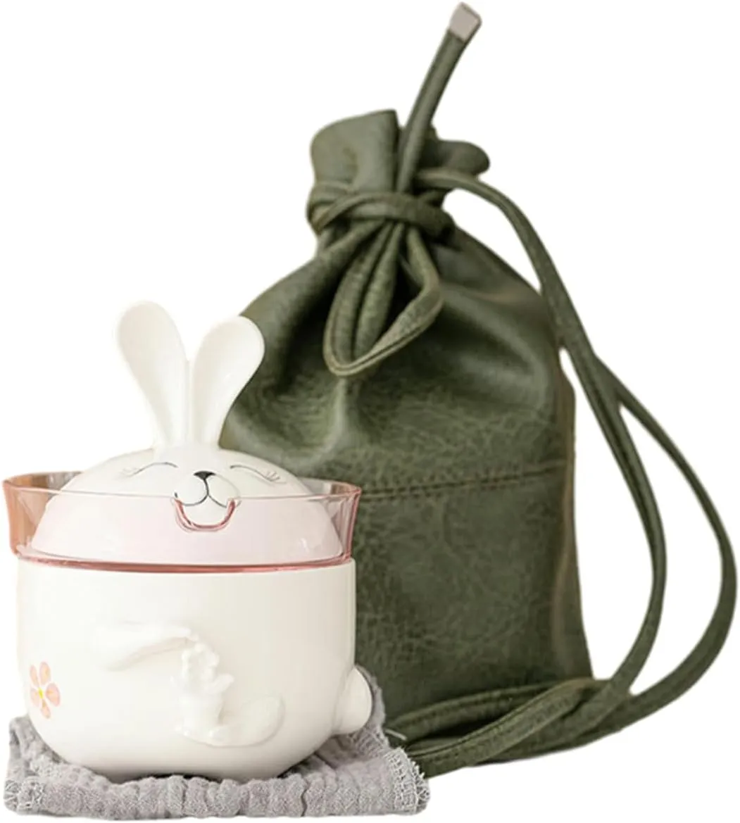 150Ml/5oz Long-Eared Rabbit Hand-Painted Ceramic Quick Cup, Portable Travel Tea Set - 1 Pot 1 Cup [Crossbody Bag]