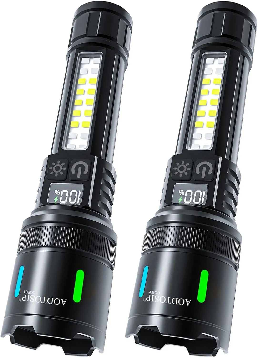 2 Pack 100,000LM High Lumens COB LED Rechargeable Flashlights,Super Bright Flash Light, Zoomable 5 Modes,LCD Digital Display,USB Charging, Powerful Handheld LED Flashlight for Emergencies Camping