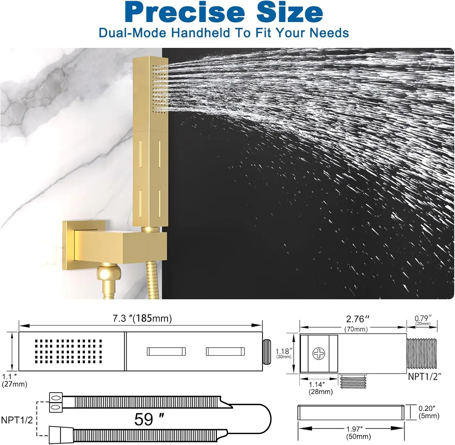 2 Settings Models Handheld Shower Head Sprayer High-Pressure with 59" Long Flexible Hose, Square 2 in1 Solid Brass Adjustable Shower Wand Replacement Kit, Brushed Gold