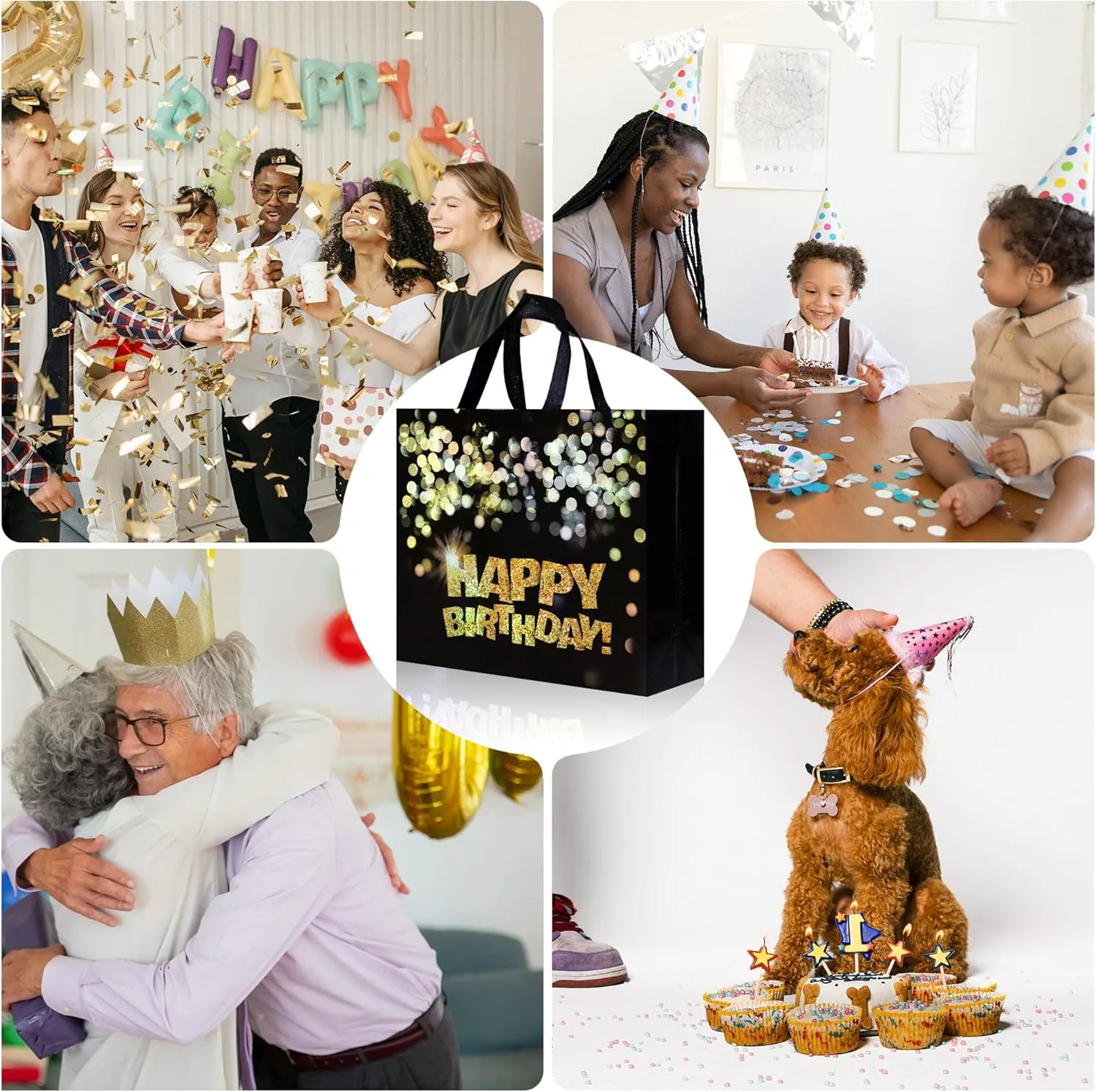 22 pcs Black Birthday Gift Bags with Bases, 12.6 x 4.7 x 11 In Large Happy Birthday Party Bags with Gold Shiny Polka Dot, Non-woven Reusable Gift Bag for Girls, Boys, Women, Men