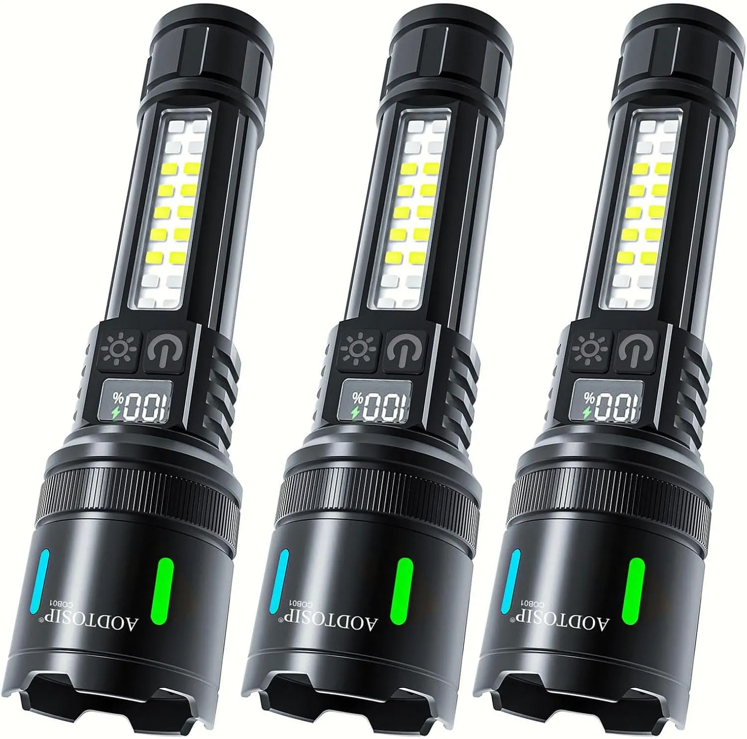 3 Pack 100,000LM High Lumens COB LED Flashlights,Super Bright Flash Light, Zoomable 5 Modes,LCD Digital Display, Powerful Handheld LED Flashlight for Emergencies Camping