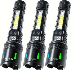 3 Pack 100,000LM High Lumens COB LED Flashlights,Super Bright Flash Light, Zoomable 5 Modes,LCD Digital Display, Powerful Handheld LED Flashlight for Emergencies Camping