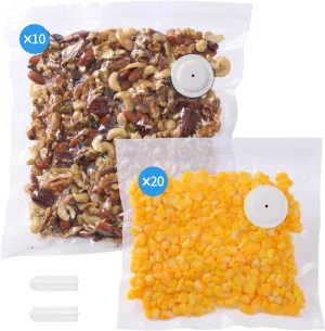 30 Upgraded Reusable Vacuum Sealer Bags(20p 8"X8", 10p 10"X11")   2 Clips, 1 Year Airtight, For Food Preservation and Storage, Sous Vide Cooking, BPA Free, Reinforced, 7.5mil Thick (No Pumper)