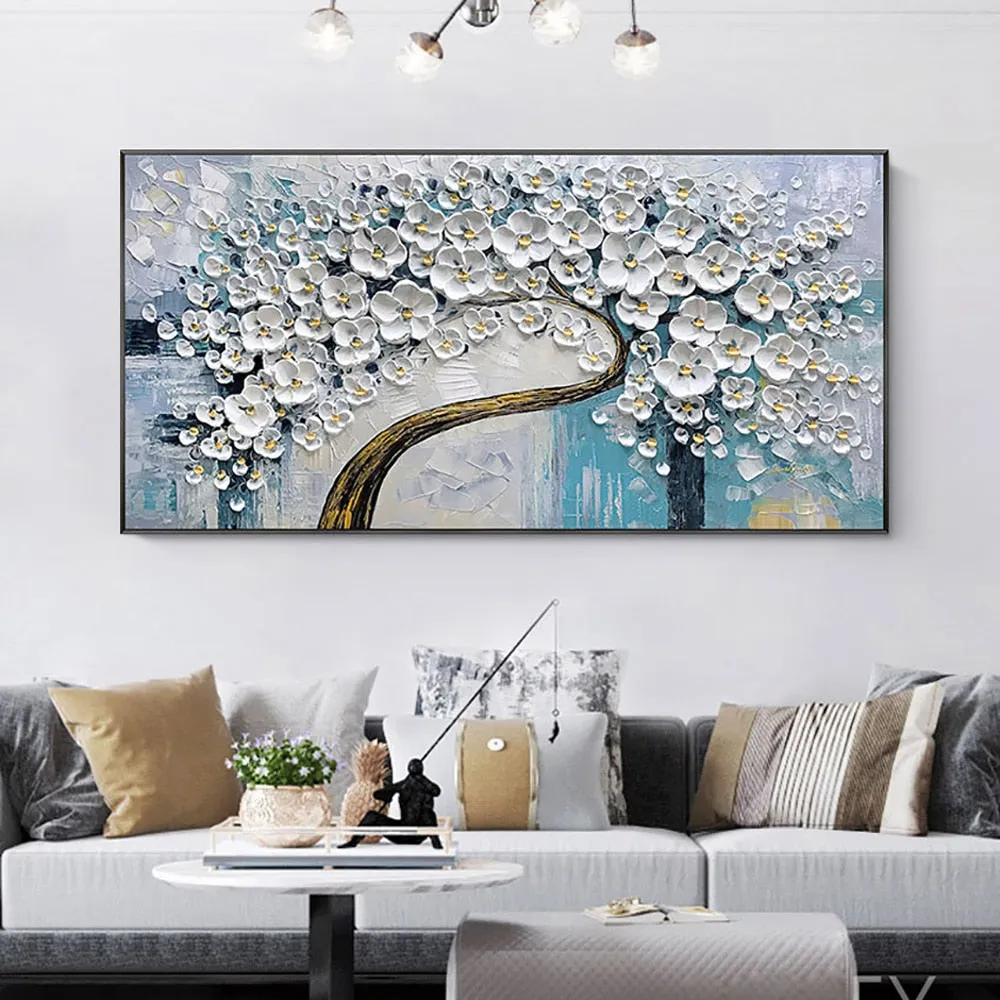 3D thick floral white cherry flower oil hand painted canvas