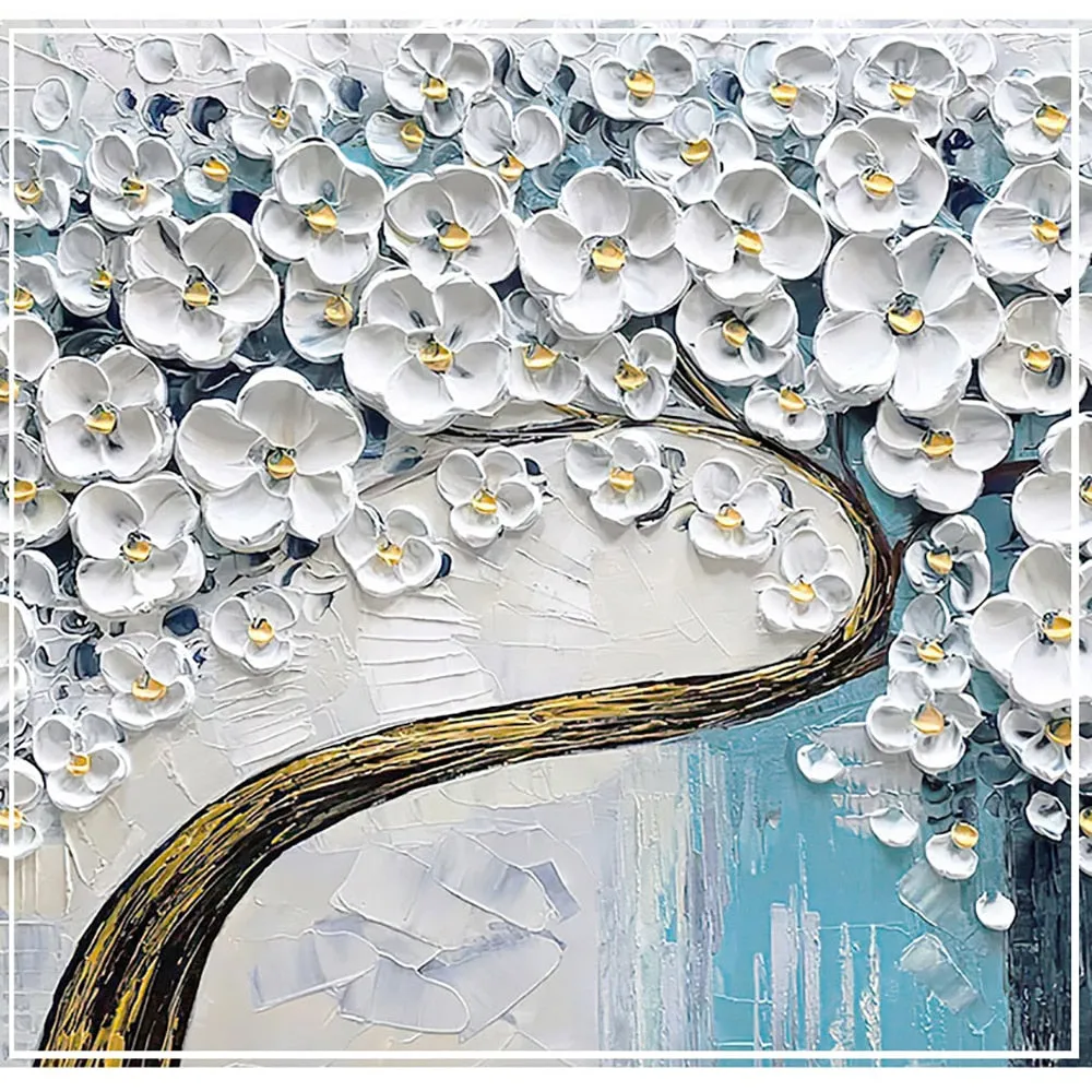 3D thick floral white cherry flower oil hand painted canvas
