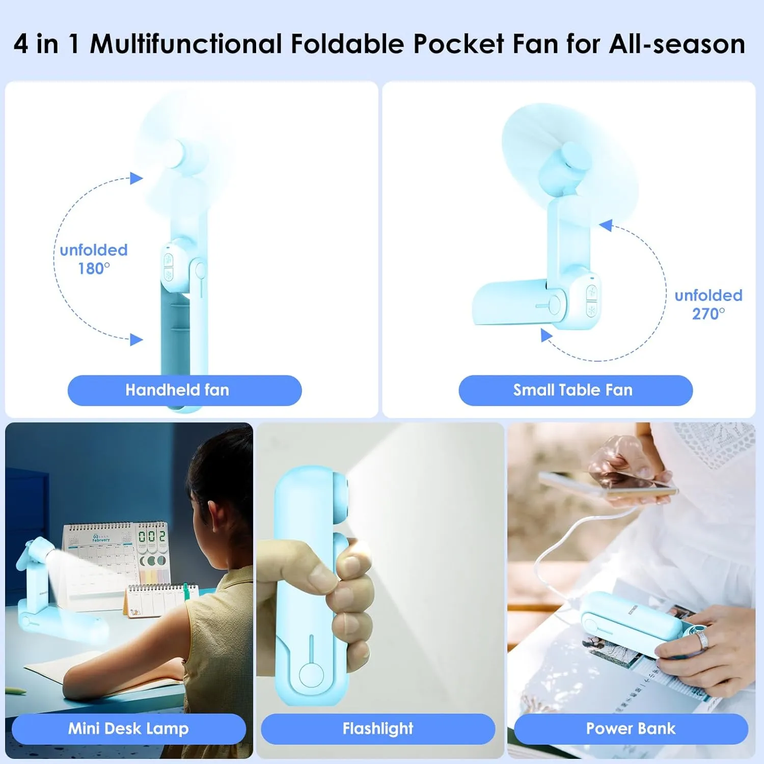 4 IN 1 Portable Mini Handheld Fan,Personal Foldable Cooling Hand Fan, Pocket Fan,Desk Fan,Flashlight,Power Bank,Table Lamp,Camping Travel Beach Gifts, Birthday Gifts for Women Mom(Light blue)