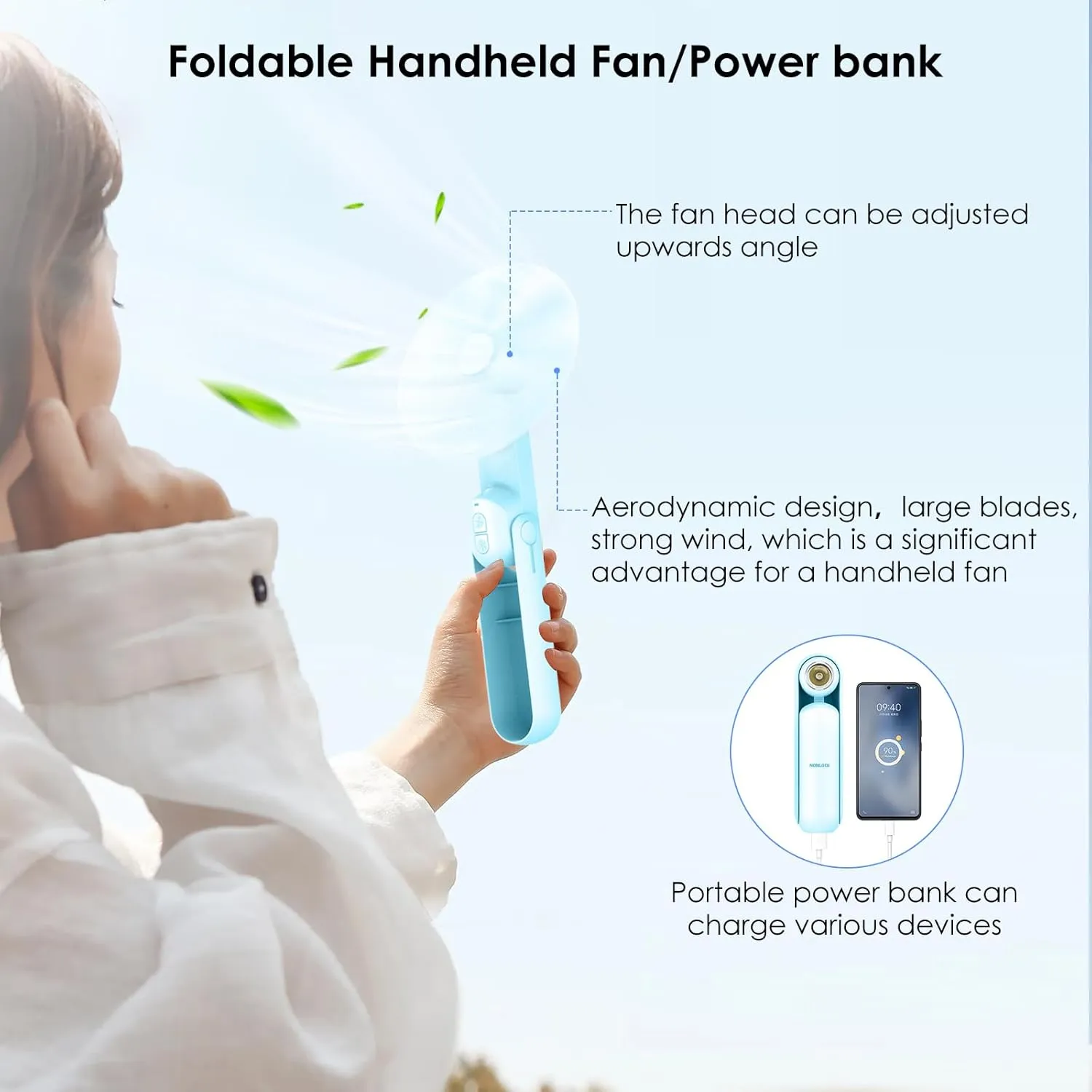 4 IN 1 Portable Mini Handheld Fan,Personal Foldable Cooling Hand Fan, Pocket Fan,Desk Fan,Flashlight,Power Bank,Table Lamp,Camping Travel Beach Gifts, Birthday Gifts for Women Mom(Light blue)