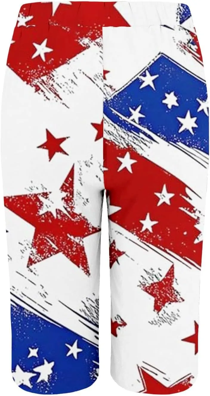 4th of July Bermuda Linen Shorts for Women Wide Leg Knee Length Long Shorts Summer Loose American Flag Printed Pants