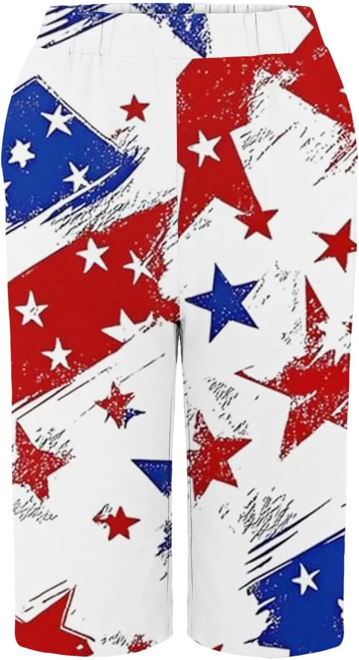 4th of July Bermuda Linen Shorts for Women Wide Leg Knee Length Long Shorts Summer Loose American Flag Printed Pants