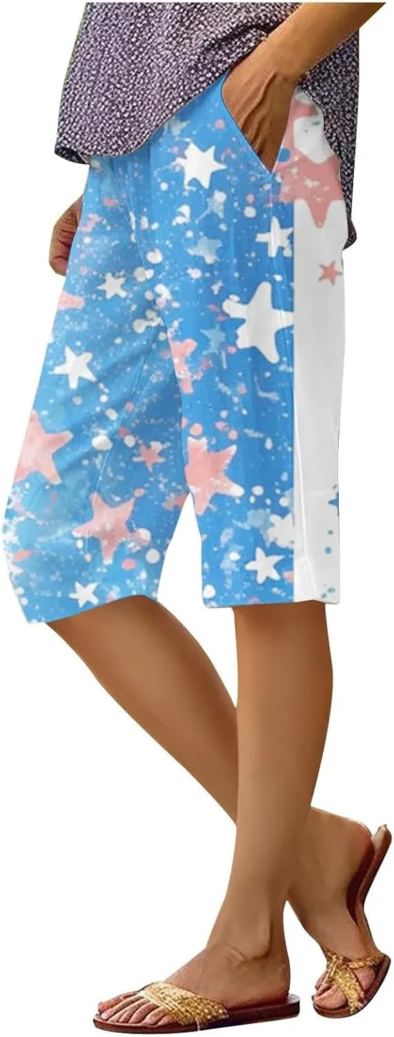 4th of July Linen Pants Women 2025 Summer Patriotic Cotton Linen Capri Shorts Lightweight American Flag Short Pants