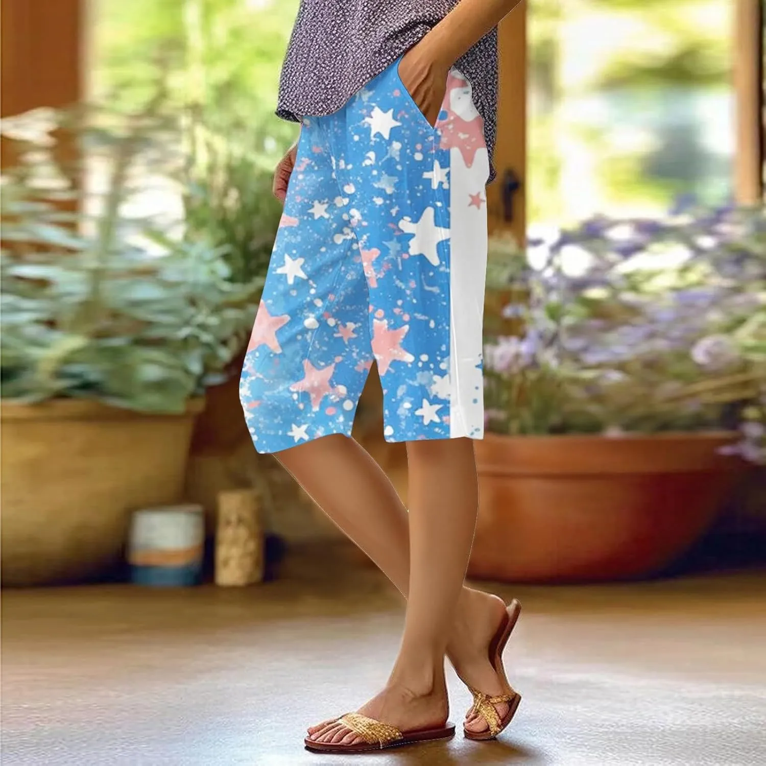 4th of July Linen Pants Women 2025 Summer Patriotic Cotton Linen Capri Shorts Lightweight American Flag Short Pants
