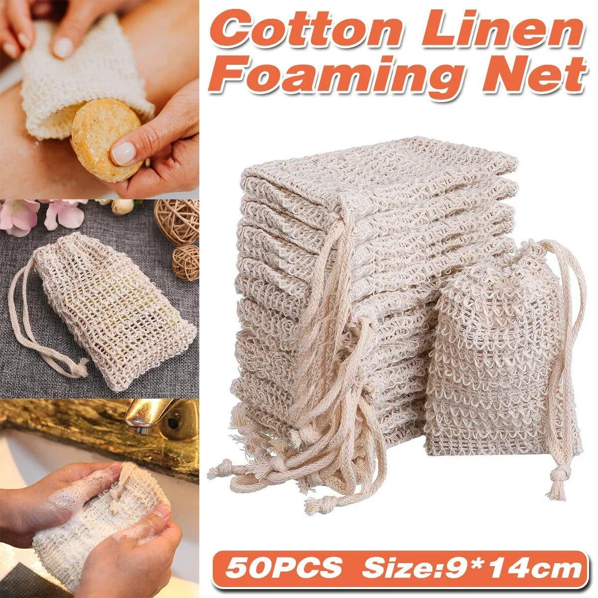 50PCS Soap Exfoliating Bags Cotton Linen Foaming Soap Saver Bag Pouch Drawstring