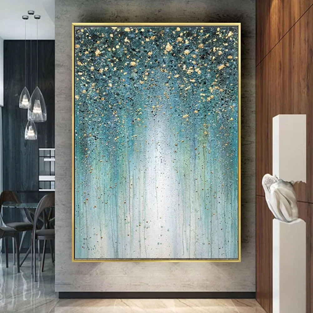 Abstract painting in blue and green with golden paint details