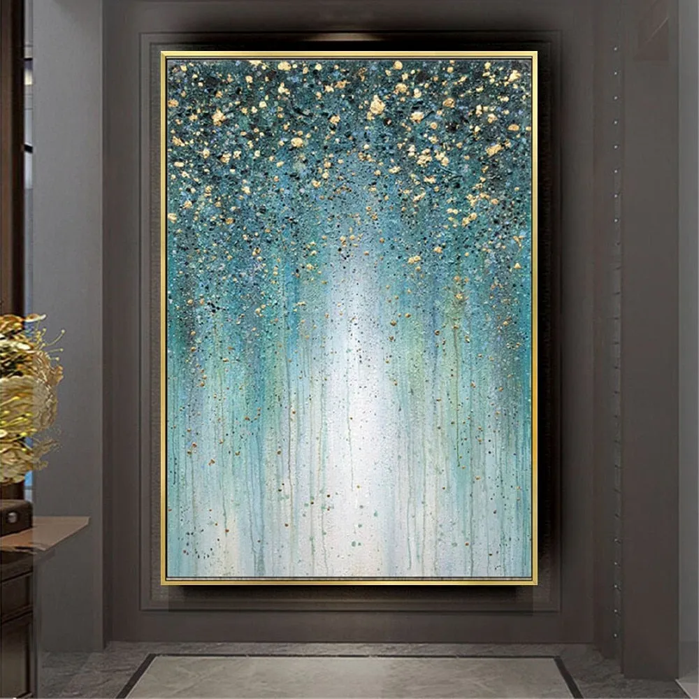 Abstract painting in blue and green with golden paint details
