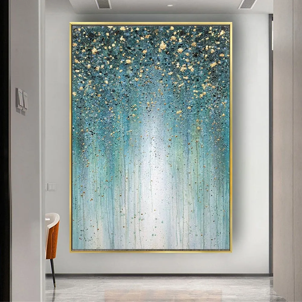 Abstract painting in blue and green with golden paint details