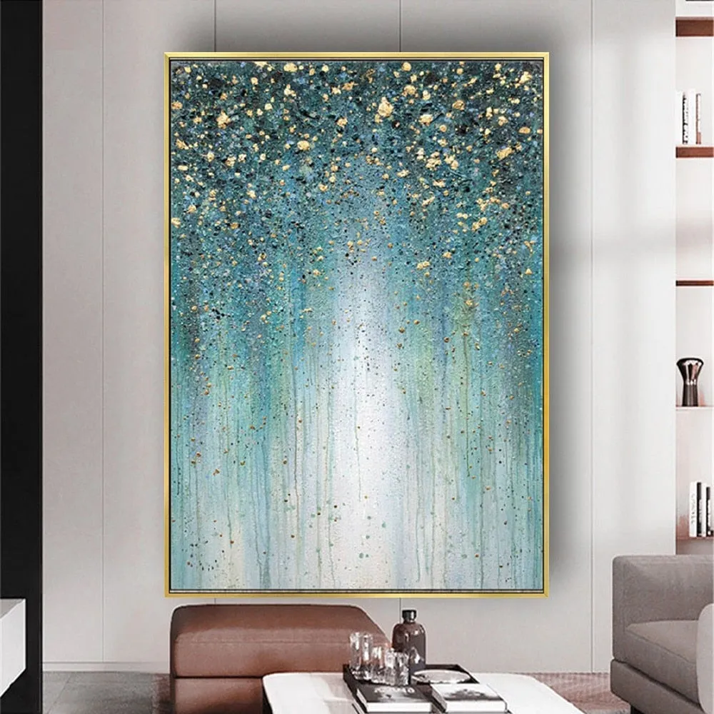 Abstract painting in blue and green with golden paint details
