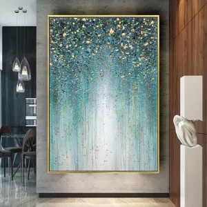 Abstract painting in blue and green with golden paint details