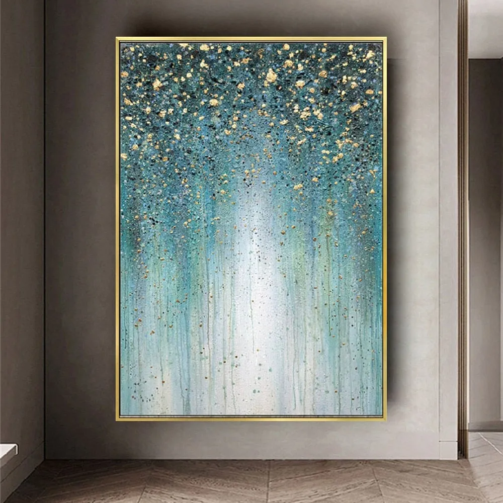 Abstract painting in blue and green with golden paint details