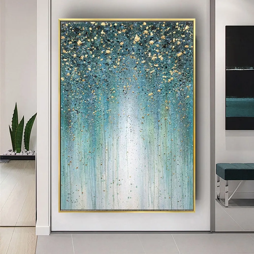 Abstract painting in blue and green with golden paint details