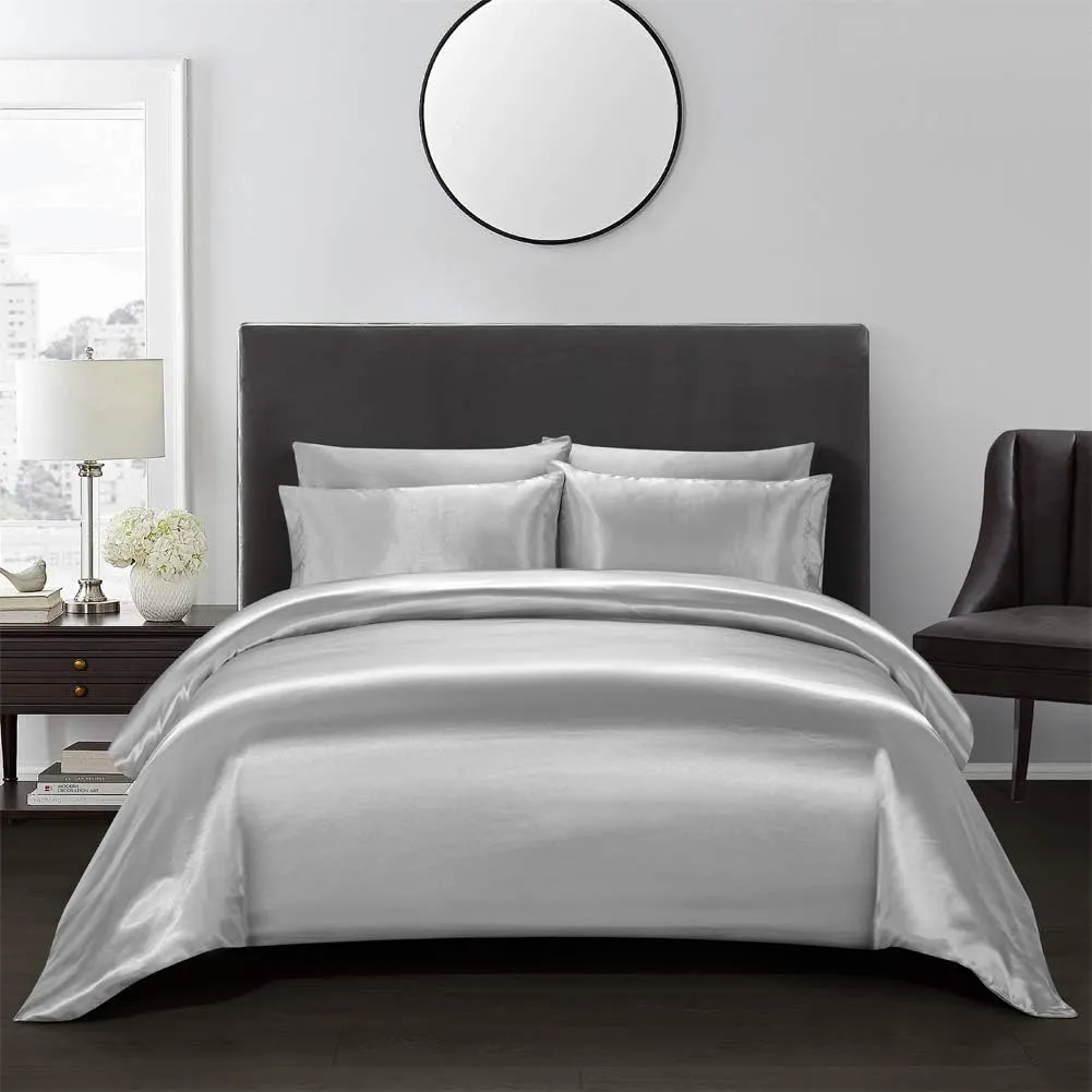 AiMay 3 Piece Satin Duvet Cover Set Bedding Sets 1800 Series Luxury Rich Silk Silky Super Soft Solid Color Reversible Comfortable Honeymoon Wrinkle Free (King, Grey)