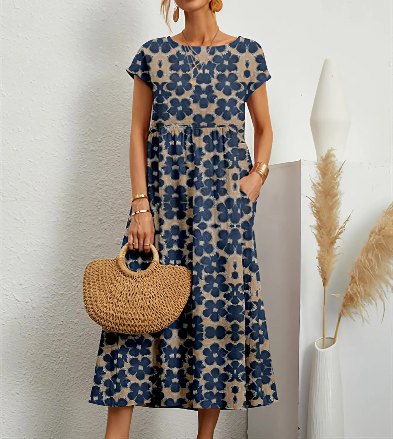 Akivide Women's Summer Cotton Linen Floral Printed Short Sleeve Dress Crew Neck Loose Casual Beach Dresses with Pockets
