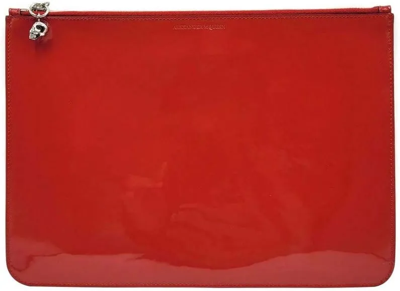 Alexander McQueen Women's Red Charm Patent Leather Silver Skull Large Pouch