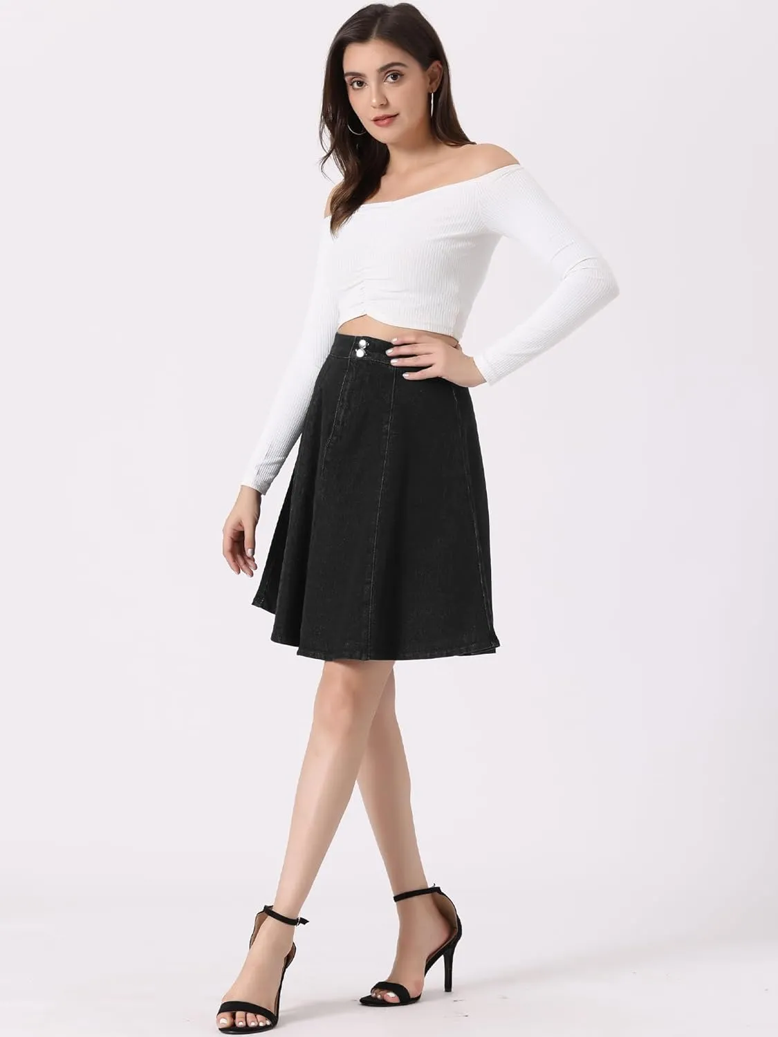 Allegra K Women's High Waisted A-Line Flared Casual Denim Skirt