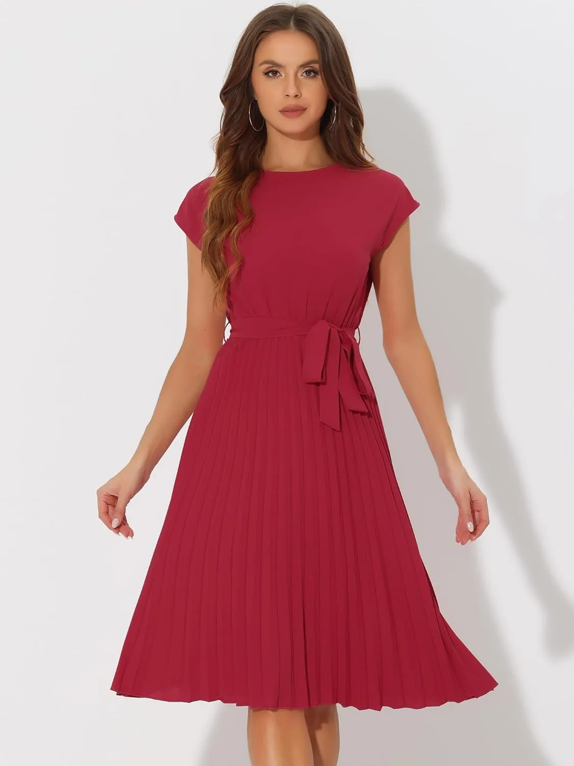 Allegra K Women's Pleated Dress Crew Neck Cap Sleeve Tie Waist A-Line Dresses