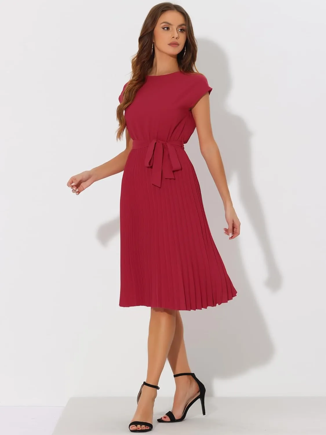Allegra K Women's Pleated Dress Crew Neck Cap Sleeve Tie Waist A-Line Dresses