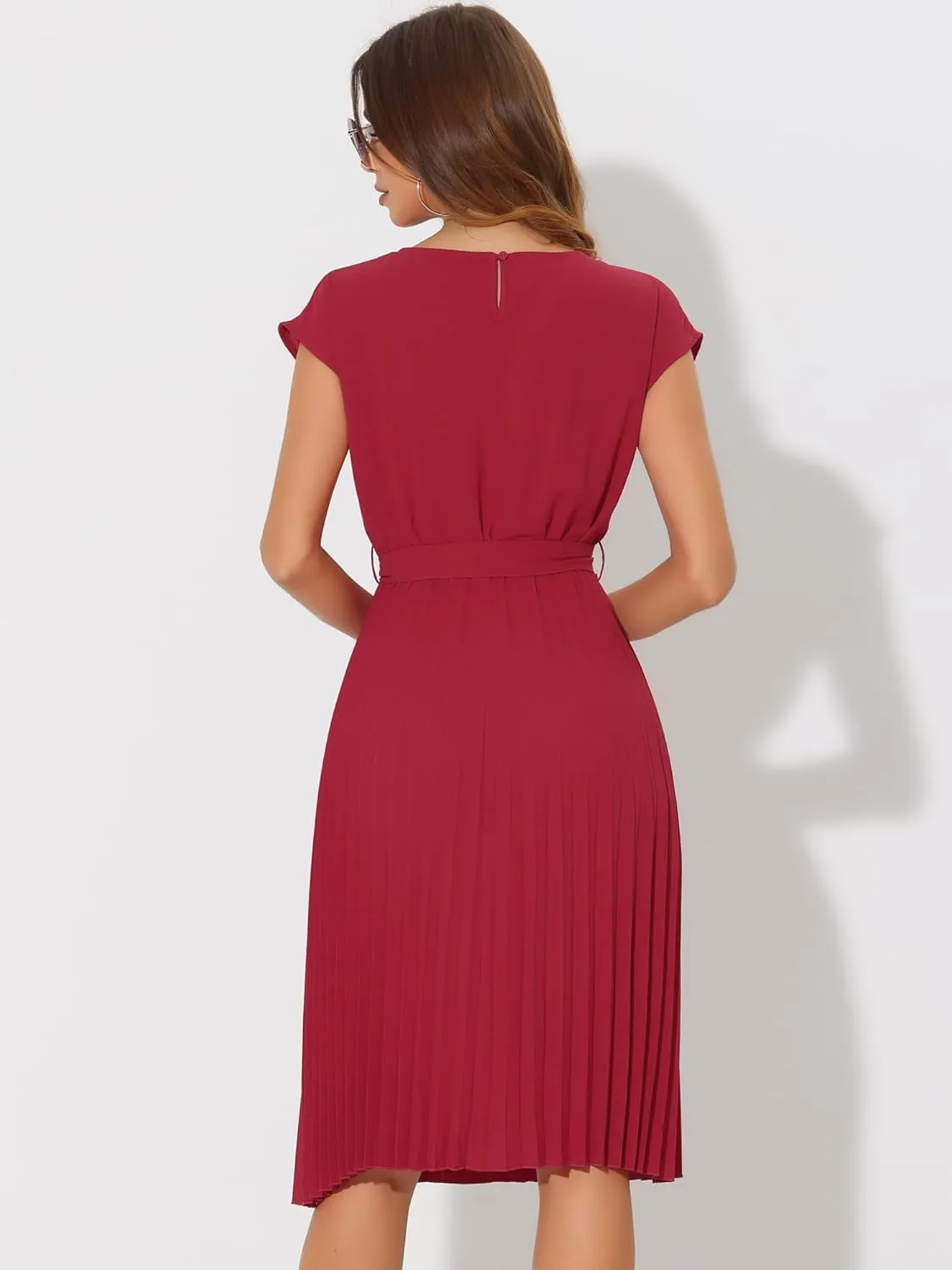 Allegra K Women's Pleated Dress Crew Neck Cap Sleeve Tie Waist A-Line Dresses