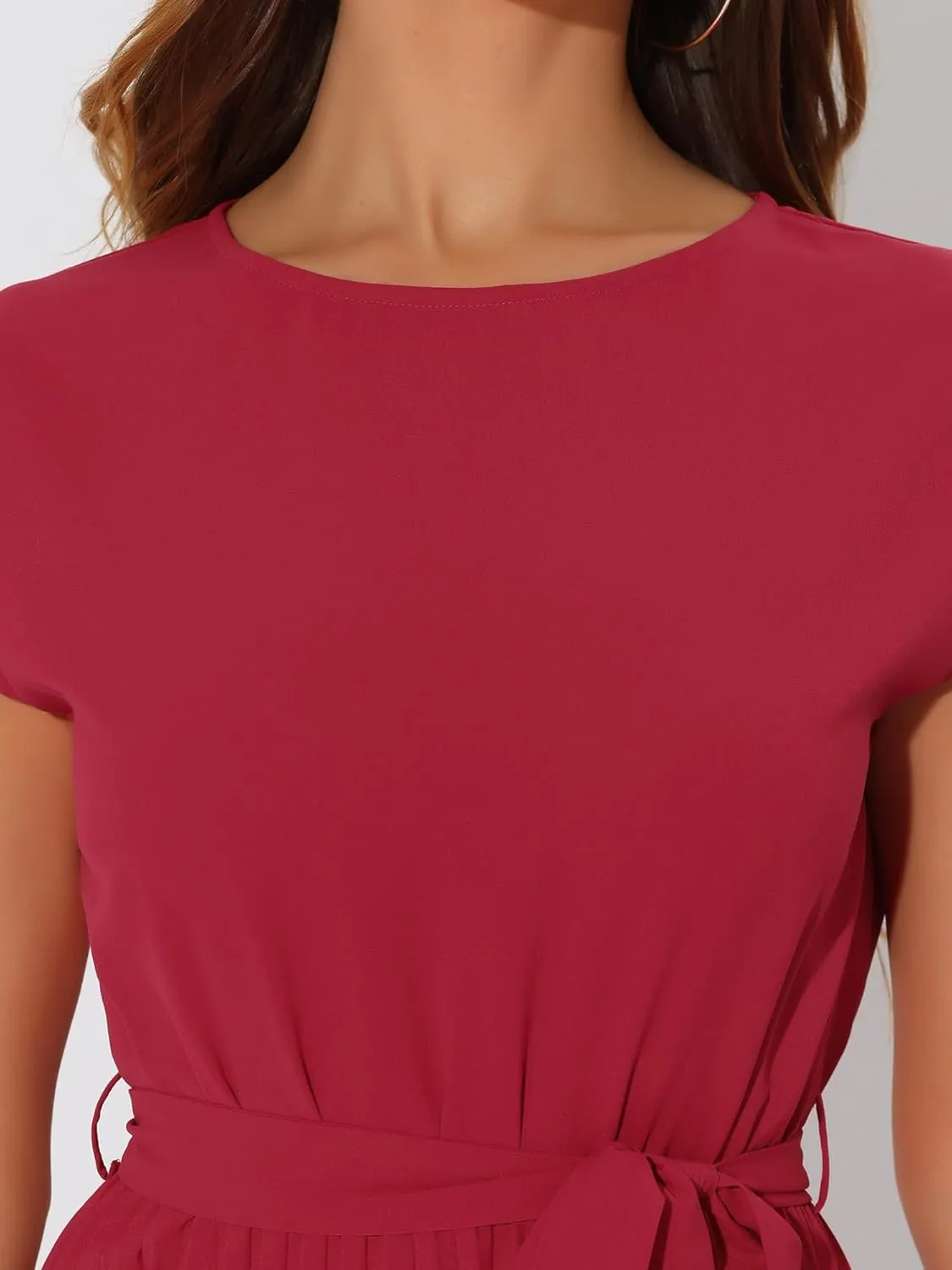 Allegra K Women's Pleated Dress Crew Neck Cap Sleeve Tie Waist A-Line Dresses