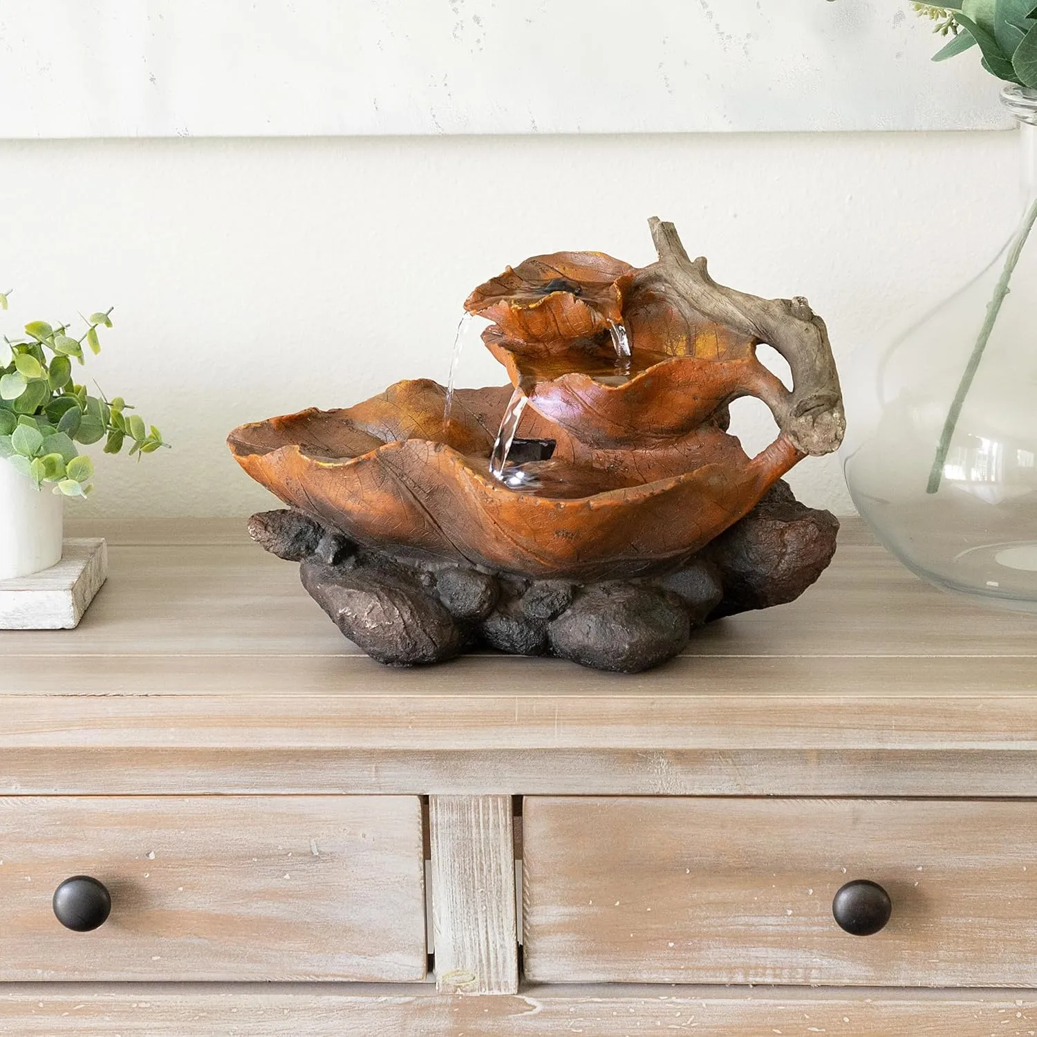 Alpine Corporation 9" Tall Indoor Tabletop Tiered Leaf Hand-Painted Fountain with LED Lights
