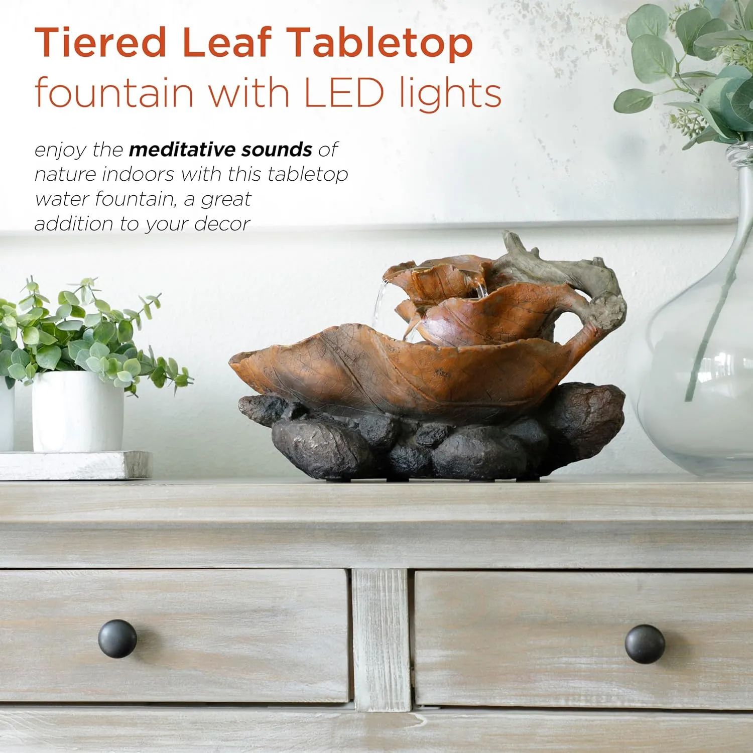 Alpine Corporation 9" Tall Indoor Tabletop Tiered Leaf Hand-Painted Fountain with LED Lights