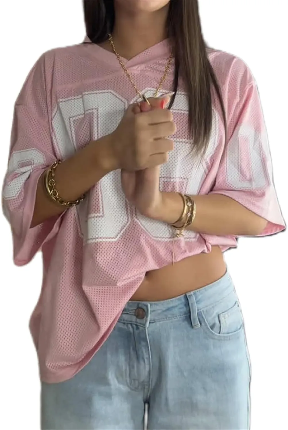 Alyweatry Women Y2k Graphic Oversized Jersey Tee Sporty Aesthetic Number Letter Print Jersey Shirt Preppy Clothes
