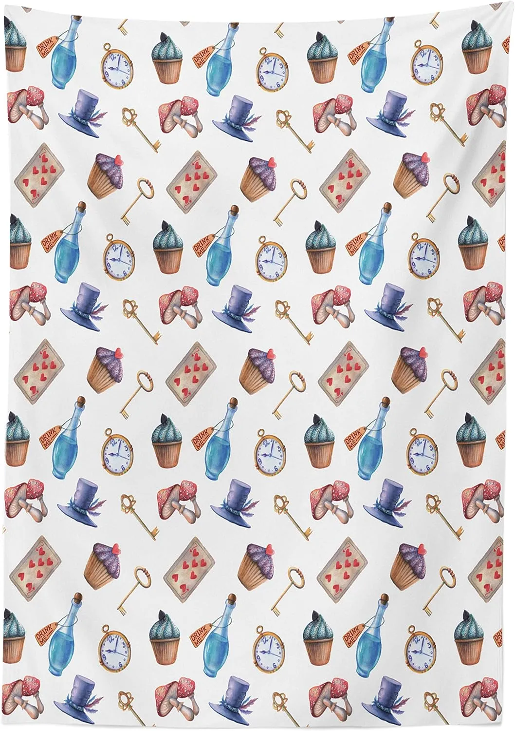 Ambesonne Alice in Wonderland Tablecloth, Cupcakes Mushrooms and Bottles Hanging in Sky Dessert Print, Dining Room Kitchen Rectangular Table Cover, 52" X 70", Blue Red