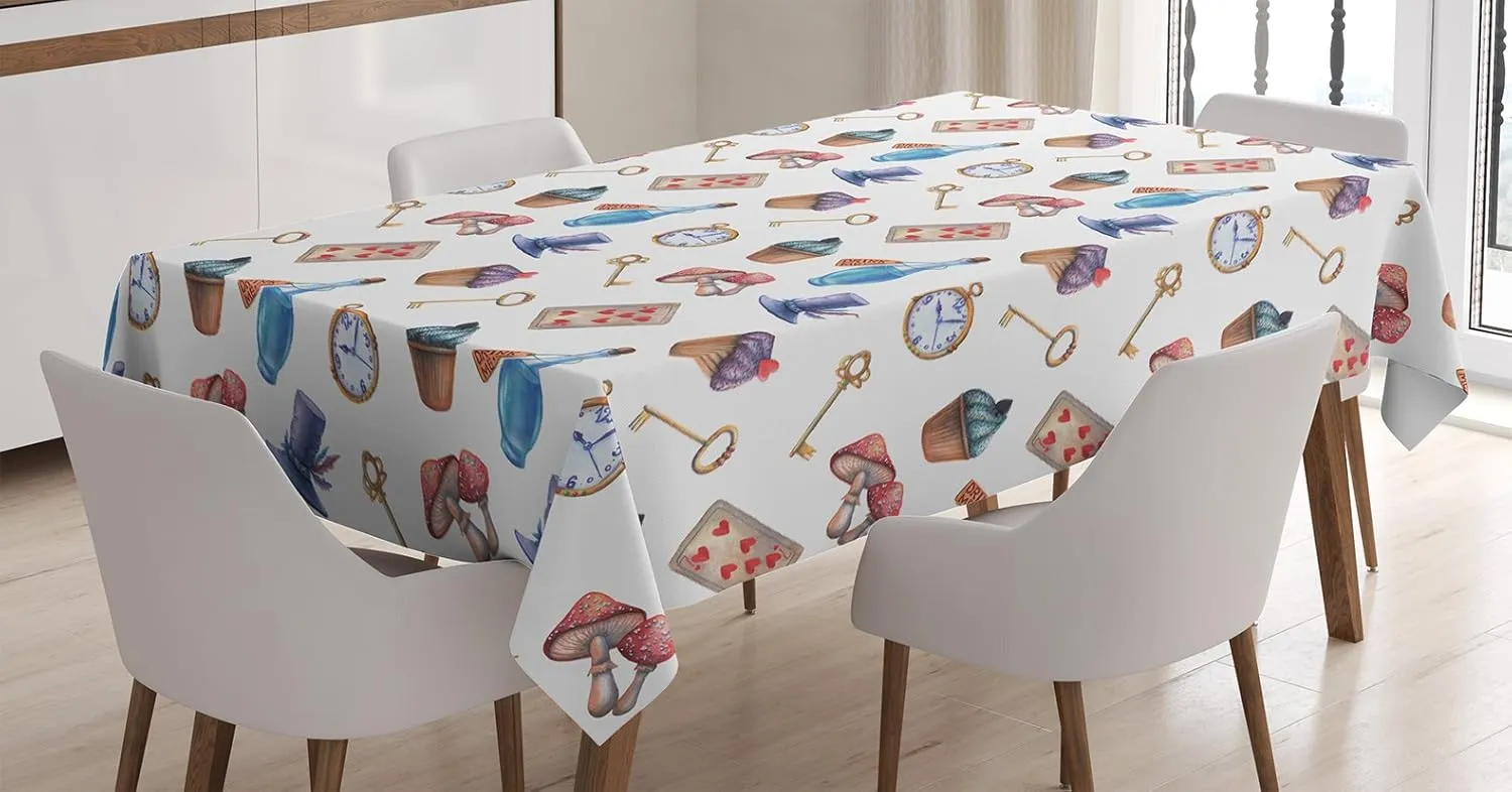 Ambesonne Alice in Wonderland Tablecloth, Cupcakes Mushrooms and Bottles Hanging in Sky Dessert Print, Dining Room Kitchen Rectangular Table Cover, 52" X 70", Blue Red