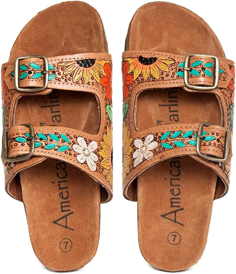 American Darling ADFTE107 Hand tooled carved genuine leather sandal footwear flip flop