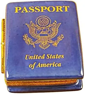 AMERICAN PASSPORT - LIMOGES BOX AUTHENTIC PORCELAIN FIGURINE FROM FRANCE
