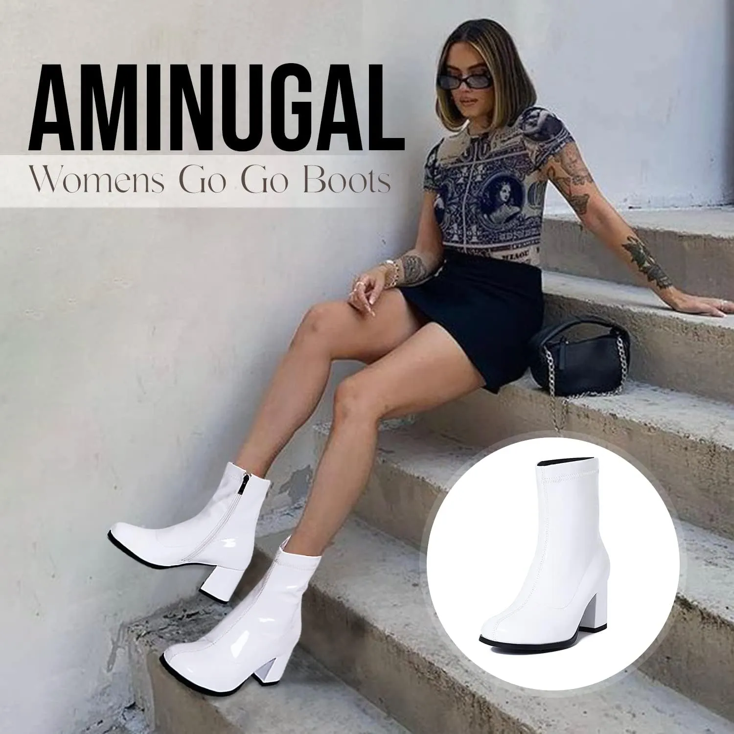 AMINUGAL Womens Go Go Boots Block Heel Round Toe Side zipper Dress Halloween Costume Knee High Boots Disco Party Boots For Women