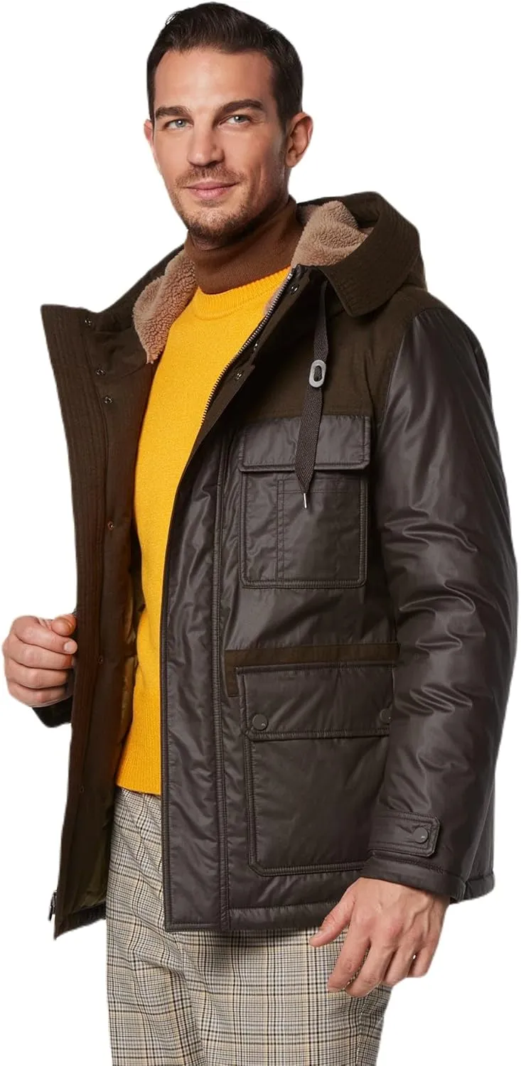 Andrew Marc Men's Short Fabric Blocked Parka with a Sherpa Lined Harrigan Hooded Cuff Tab with Adjustable Snap