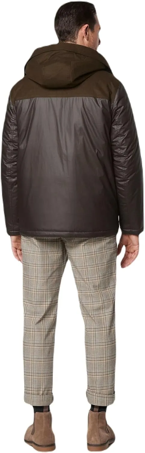 Andrew Marc Men's Short Fabric Blocked Parka with a Sherpa Lined Harrigan Hooded Cuff Tab with Adjustable Snap