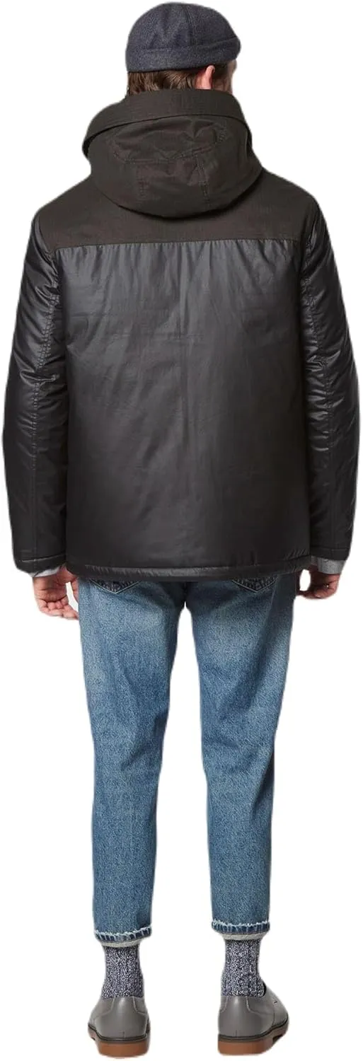 Andrew Marc Men's Short Fabric Blocked Parka with a Sherpa Lined Harrigan Hooded Cuff Tab with Adjustable Snap
