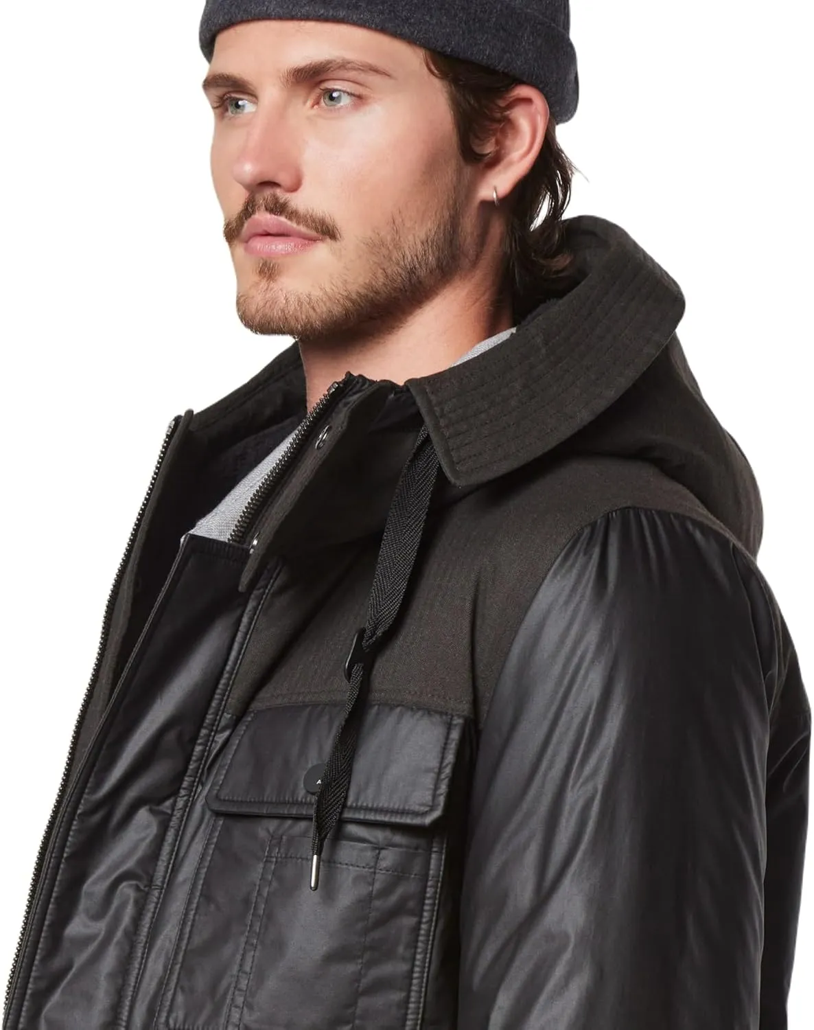 Andrew Marc Men's Short Fabric Blocked Parka with a Sherpa Lined Harrigan Hooded Cuff Tab with Adjustable Snap