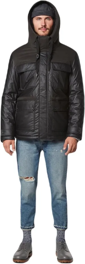 Andrew Marc Men's Short Fabric Blocked Parka with a Sherpa Lined Harrigan Hooded Cuff Tab with Adjustable Snap