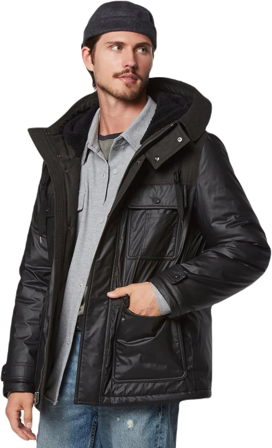 Andrew Marc Men's Short Fabric Blocked Parka with a Sherpa Lined Harrigan Hooded Cuff Tab with Adjustable Snap