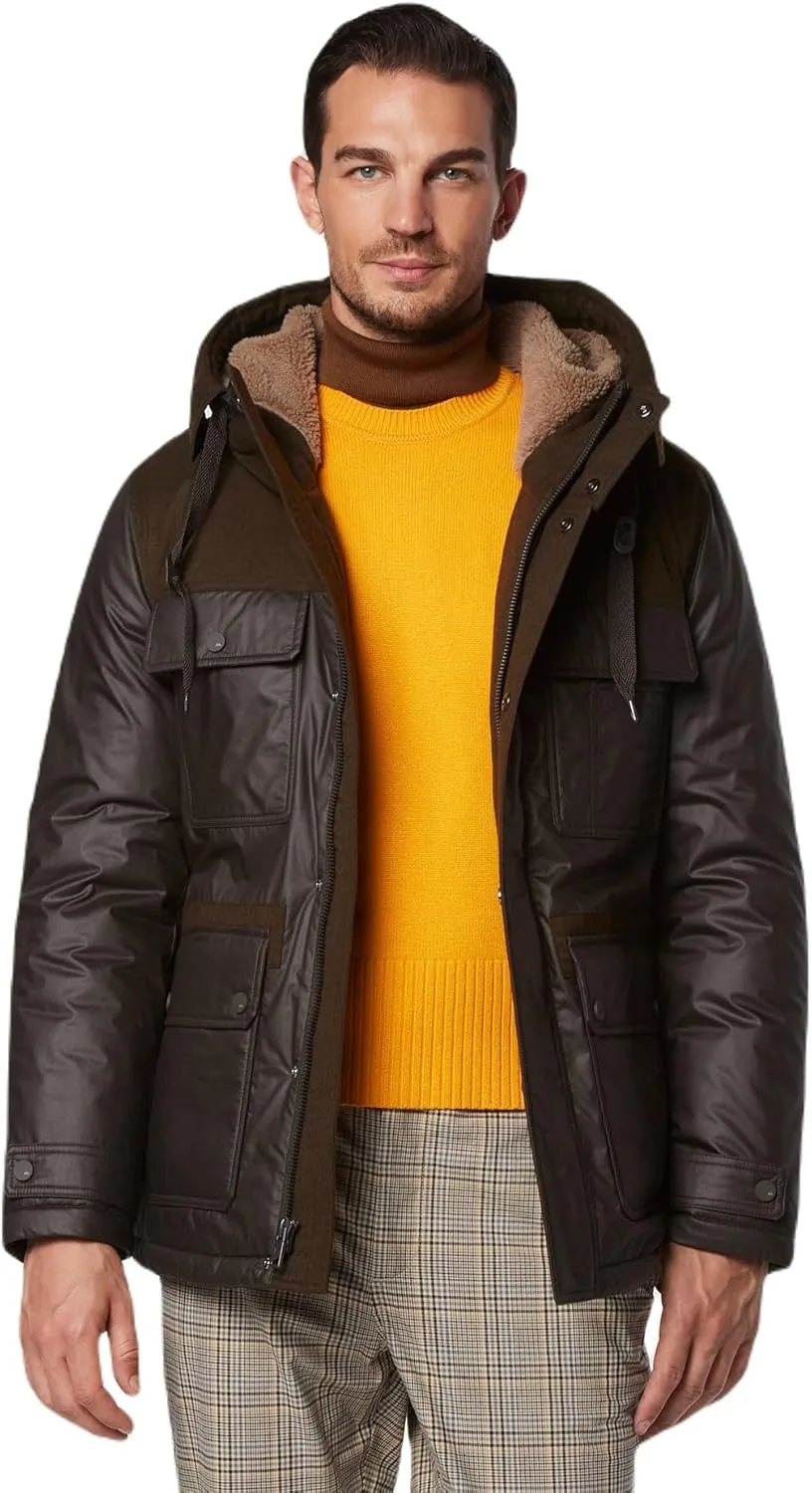 Andrew Marc Men's Short Fabric Blocked Parka with a Sherpa Lined Harrigan Hooded Cuff Tab with Adjustable Snap
