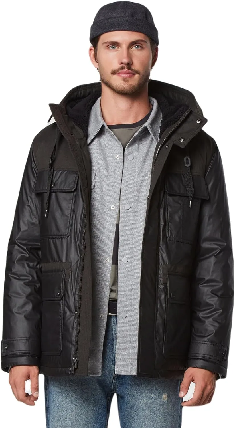 Andrew Marc Men's Short Fabric Blocked Parka with a Sherpa Lined Harrigan Hooded Cuff Tab with Adjustable Snap