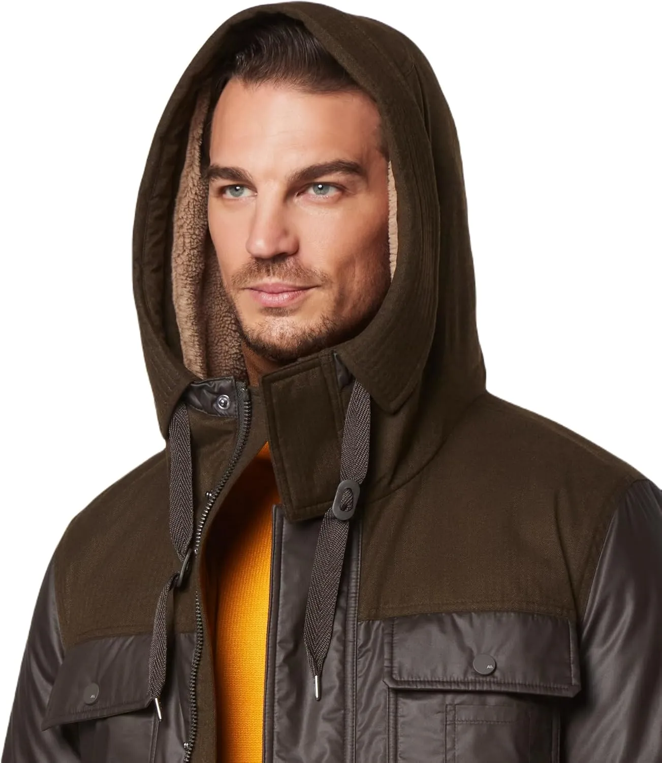 Andrew Marc Men's Short Fabric Blocked Parka with a Sherpa Lined Harrigan Hooded Cuff Tab with Adjustable Snap
