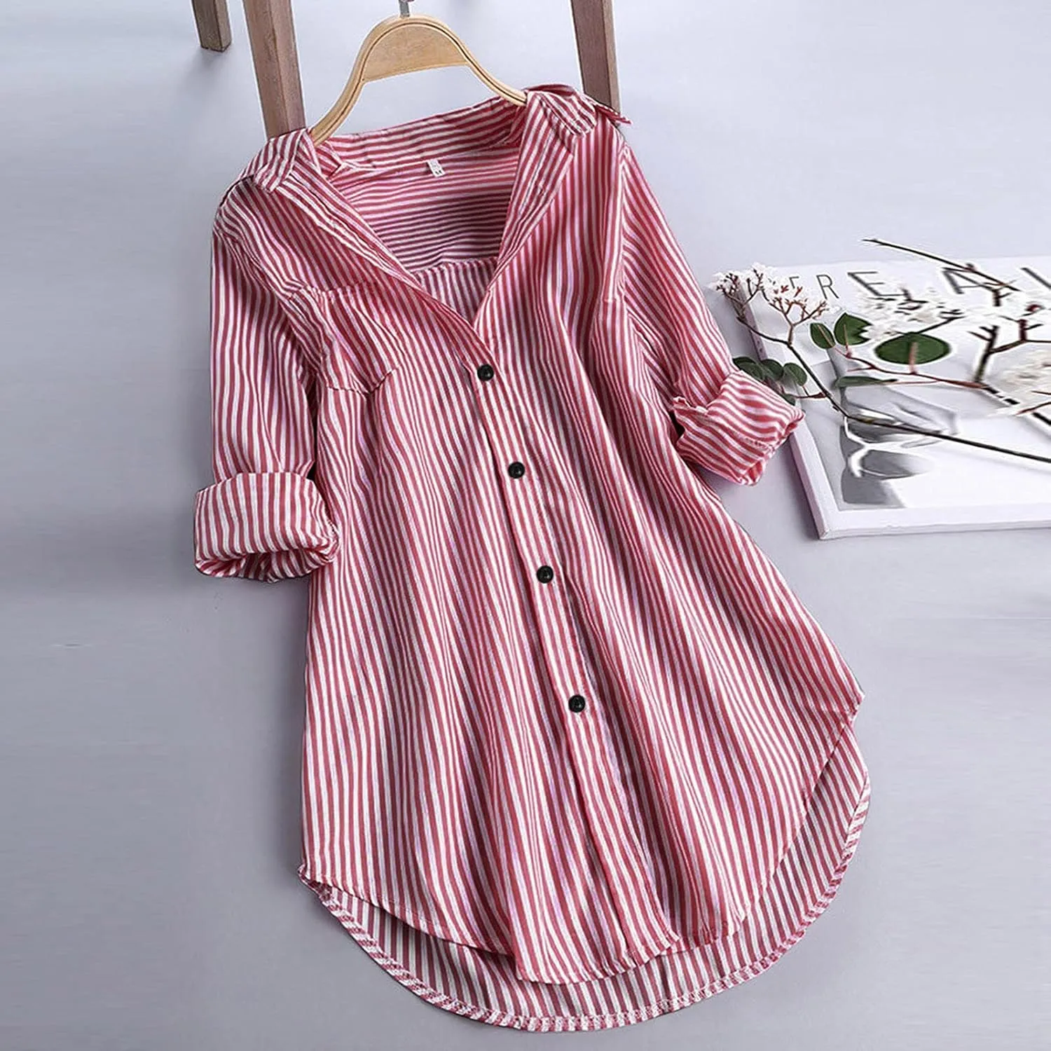 Aniywn Women's Stripe Long Sleeve T-Shirt Casual Loose Button Down Rolled Sleeve Plus Size Comfy Tunic Blouses